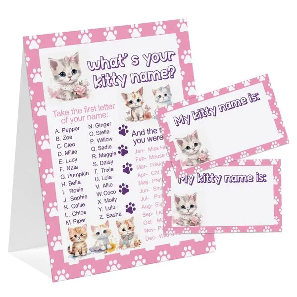 Kitty Theme What's You Kitty Name Game, Baby Shower Game Stickers, Birthday Game, Party Decoration, Activity Game for Office or Class, Package Contains 1 Sign and 30 Name Stickers(wyn09)