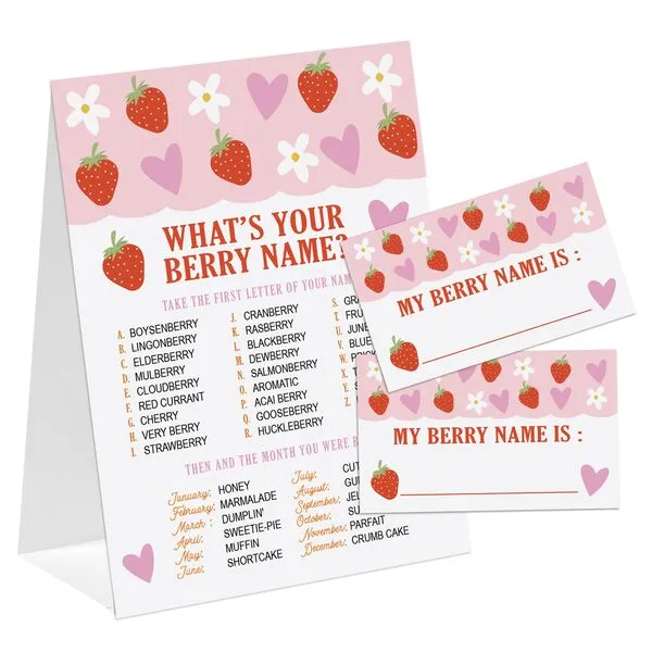 Berry Theme What's You Berry Name Game, Baby Shower Game Stickers, Birthday Game, Party Decoration, Activity Game for Office or Class, Package Contains 1 Sign and 30 Name Stickers(wyn17)