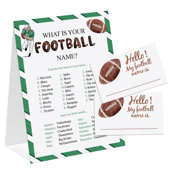 Football Theme What's You Football Name Game, Baby Shower Game Stickers, Birthday Game, Party Decoration, Activity Game for Office or Class, Package Contains 1 Sign and 30 Name Stickers(wyn12)