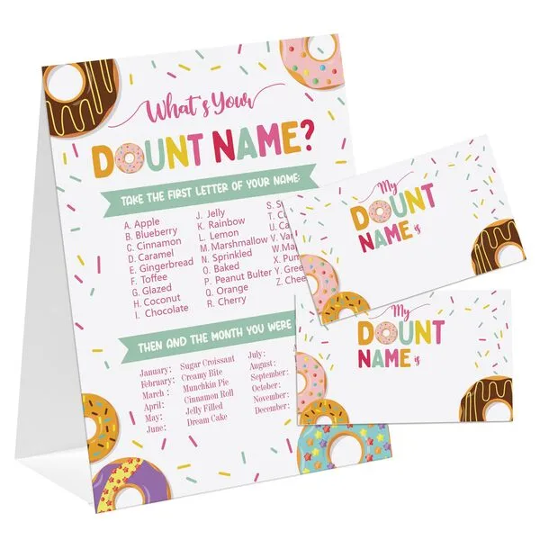 Donut Theme What\'s You Donut Name Game, Baby Shower Game Stickers, Birthday Game, Party Decoration, Activity Game for Office or Class, Package Contains 1 Sign and 30 Name Stickers(wyn11)