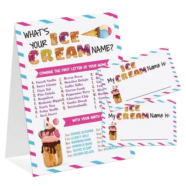 Ice Cream Theme What's You Ice Cream Name Game, Baby Shower Game Stickers, Birthday Game, Party Decoration, Activity Game for Office or Class, Package Contains 1 Sign and 30 Name Stickers(wyn05)