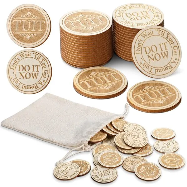 Sonwyoung 24 Pcs Wood Round Tuit Token 1.5 Inch Polished Wooden Tokens When You Get a Round to It Wood Token Coin with Bag for Colleague Family