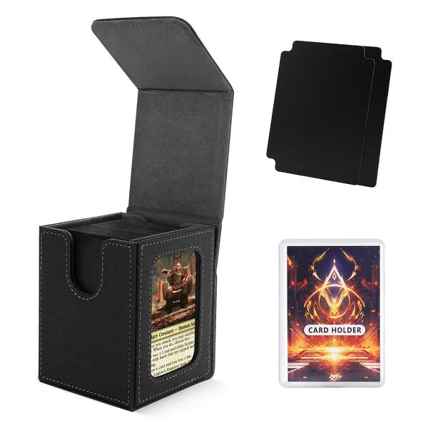 Scimi MTG Deck Box for Commander Display,Card Deck Box Fits 100 Double Sleeved Cards, Magic Commander TCG Card Leather Storage Box with 2 Dividers and 1 Toploader (Black/Grey