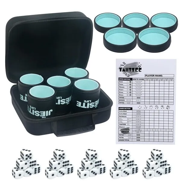 Leather Dice Cup Set Lined Quiet Dice Shaker Cup with 5 Dice Cup with Lid and 30 Acrylic Dices Exclusive Storage and Transport Case for Travel Yahtzee Game Farkle Classic Dice Liars Dice (Blue A)