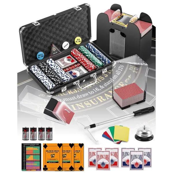 Proshine Casino Set Blackjack Game Combo Set: Card Shuffler, 300pcs Poker Chips, Casino Felt, Card Shoe, Chip Rake, Discard Tray, Playing Cards*8, Bell, Dice, Cut Cards, Casino Buttons