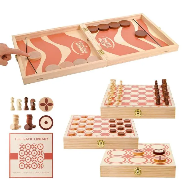 RM ROOMERS Tabletop 4-in-1 Board Game Set, Portable Fast Sling Puck Set, Chess, Checkers, Tic Tac Toe, Travel Foosball Wooden Hockey Slingshot Games for Adults Family-Multi Chess Pieces