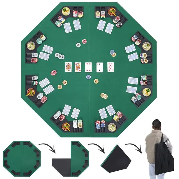 Murago 48\' Portable Poker Table Top, Foldable Board Game Mat with Chip Trays, Cup Holders, Carry Bag, Green Felt