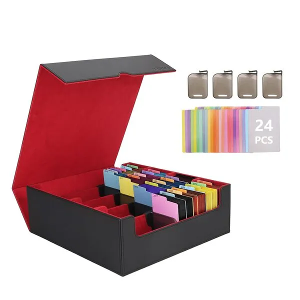 Venssu Card Storage Box For Trading Cards With Dedicated Card Supporters,3000+ Mtg Deck Box With 24 Colorful Divider Tabs,Trading Card Storage Fits For Magic Game Cards (Black and Red)