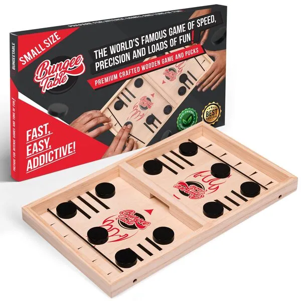 Bungee Table - Small Fast Sling Puck Game - Test Your Speed and Accuracy with This Fast Action Super Winner Wooden Air Hockey Board Game - Guaranteed Fun for Family Game Night or Party with Friends