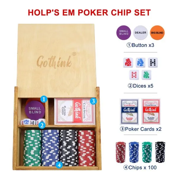 GOTHINK Poker Chip Set with Wooden Travel Carry Case, 2 Pack Playing Cards, 5 Dices, 100PCS 11.5 Gram Chips Casino Game for Adults and Kids, Poker Set for Texas Hold\'em Blackjack Gambling Beginner