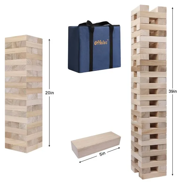 Offelec Tumbling Tower Blocks Games, Wooden Blocks Stacking Game for Kids Adults Family Classic Stacking Board Games for Indoor Outdoor Backyard Lawn Stack to Over 3.2Ft- 60pcs with Carrying Bag