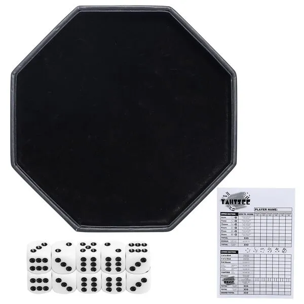 Octagon Dice Rolling Tray Set PU Leathe Velvet for Rolling Dice Storage Tray with Dice and Rule Cards Multicolor for Table Games Like RPG and DND (Black)