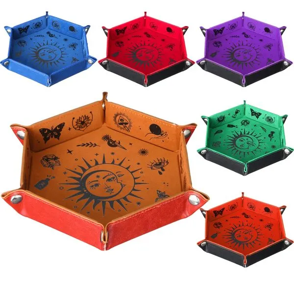 Rotatingpals 6 Pieces Dice Tray for Rooling Portable PU Leather Velvet Dice Folding Hexagon Tray Dice Holder for Dice Games and Other Table Games, 6 Colors
