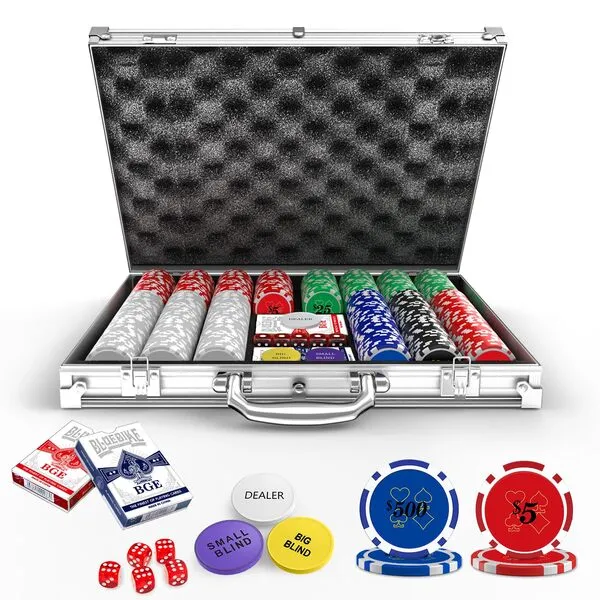 Poker Chips with Denominations, 500-pcs 11.5g Weighted Numbered Casino Chips Set, 5 Dice, 2 Decks with Compact Aluminum Case for Texas Hold\'em, Blackjack, Age 8 and Plus