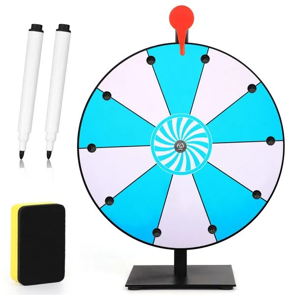 NQEUEPN 12 Inch Spinning Prize Wheel, 10 Slots Tabletop Fortune Wheel Spinner with Stand Raffle Roulette with Dry Erase & Markers for Carnivals, Trade Shows, Holiday Activities, Game (Blue+White)