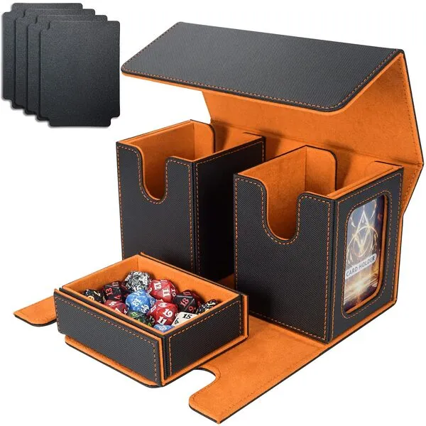 AFIING MTG Commander Card Storage Box - Fits 200 Double Sleeved Cards,3-in-1Card Deck Case,Strong Magnet Card Organizer For Magic Commander TCG CCG,4Dividers &2 Toploaders, Black/orange