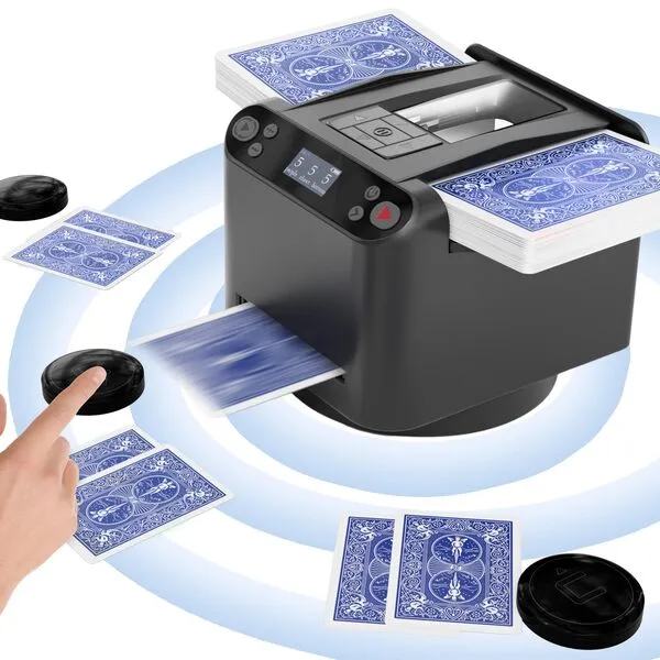 Dealbot Automatic Card Shuffler and Dealer 2-in-1, Rechargeable, 360° Ultra Quiet 2 Deck Shuffle Machine for Poker, UNO, Five Crowns, Bicycle, Maverick and Other Playing Cards (1-8 Players)