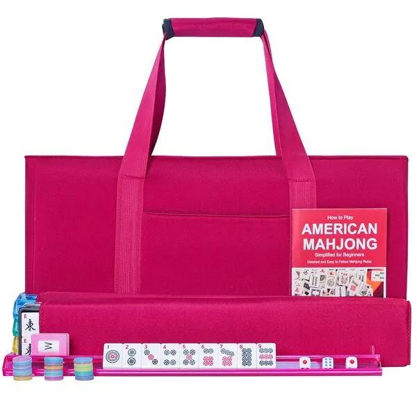 GUSTARIA American Mahjong Tile Set, 166 Premium White Tiles, 4 All-in-One Color Rack/Pushers, Complete Mahjong Tiles Set Red Carrying Bag