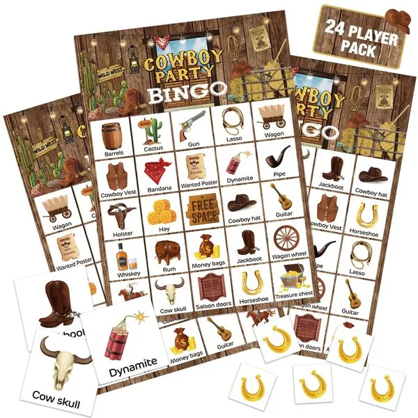 Liliful 35 Pcs Western Cowboy Bingo Cards 24 Players Cowboy Party Bingo Games Wild West Party Games for Boys Girls Adults Family Classroom Activities Western Birthday Theme Party Favors Supplies
