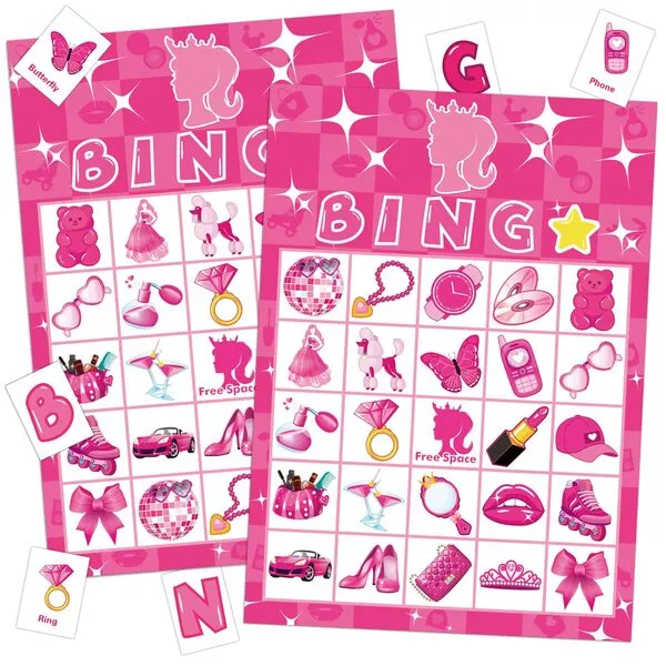 DALIAGRA Hot Pink Girl Bingo Game Hot Pink Birthday Bachelorette Party Games for Kids Party Supplies Princess Doll Bingo Game for Family Party 24 Players