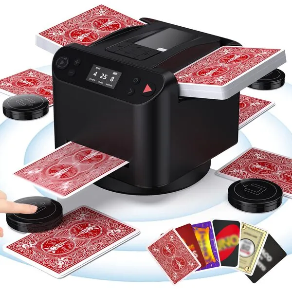 Automatic Card Shuffler and Dealer, 360° Rotating Card Dealer with Wireless Remote, 2-8 Players Playing Card Shuffler for UNO, Poker, Texas Hold\'em, Monopoly Deal, Blackjack and Maverick Cards