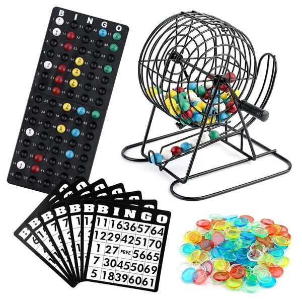 Homwom Deluxe Bingo Game Set includes 18 Mixed Cards, 150 Vibrant Chips, 75 Calling Balls, 6” Bingo Cage - Premium Bingo Set for Large Groups and Parties