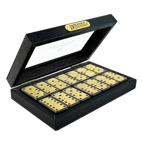 Bucher&Rossini Metal Surface Dominoes Set Double 6 for Adults and Kids - Claasic 28Pieces Gold Metal Surface Domino\'s Game Set Idea Gift Present for domino Players or Family Game Night