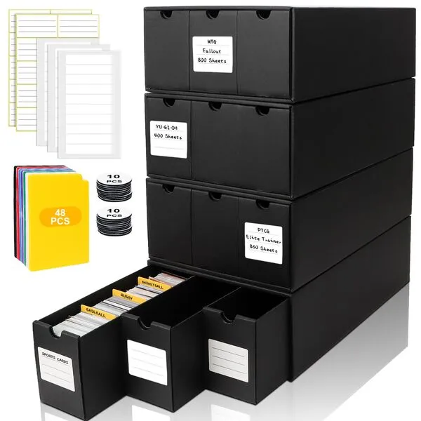 QLOUNI Trading Card Storage Box, Includes 12-600 CT Boxes & 48 Card Dividers, 12000+ Trading Card Organizer for Collectible Card Games, for TCG, YuGiOh, MTG, PTCG, Baseball Cards, with Labels & Tapes